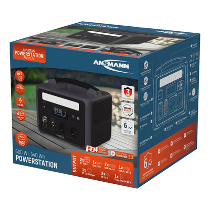 ANSMANN Powerstation PS600AC 260 x 220 x 200 mm (B x H x T) Anschlussart: 2 x AC-Steckdosen, 2 x USB-A, 1 x USB-A QC, 1 x USB-C PD, 1 x Autoadapter, 2 x DC5521,12 V/10 A, max. 120 W, 1 x Jump-Starter 12 V Leistungsaufnahme: 100W