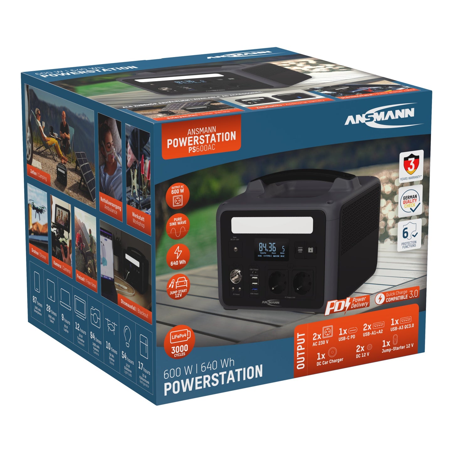 ANSMANN Powerstation PS600AC 260 x 220 x 200 mm (B x H x T) Anschlussart: 2 x AC-Steckdosen, 2 x USB-A, 1 x USB-A QC, 1 x USB-C PD, 1 x Autoadapter, 2 x DC5521,12 V/10 A, max. 120 W, 1 x Jump-Starter 12 V Leistungsaufnahme: 100W