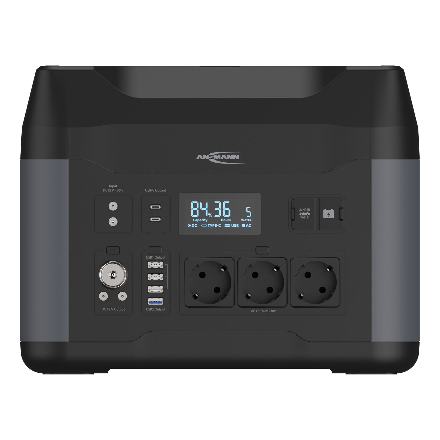 ANSMANN Powerstation PS2200AC 360 x 270 x 280 mm (B x H x T) Anschlussart: 3 x AC-Steckdosen, 2 x USB-C PD, 3 x USB A, 1 x USB-A QC, 1 x Autoadapter, 2 x DC5521,12 V/10 A, max. 120 W, 1 x Jump-Starter 12 V Leistungsaufnahme: 200W