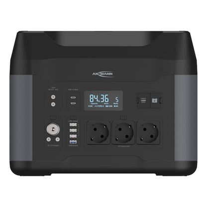ANSMANN Powerstation PS2200AC 360 x 270 x 280 mm (B x H x T) Anschlussart: 3 x AC-Steckdosen, 2 x USB-C PD, 3 x USB A, 1 x USB-A QC, 1 x Autoadapter, 2 x DC5521,12 V/10 A, max. 120 W, 1 x Jump-Starter 12 V Leistungsaufnahme: 200W