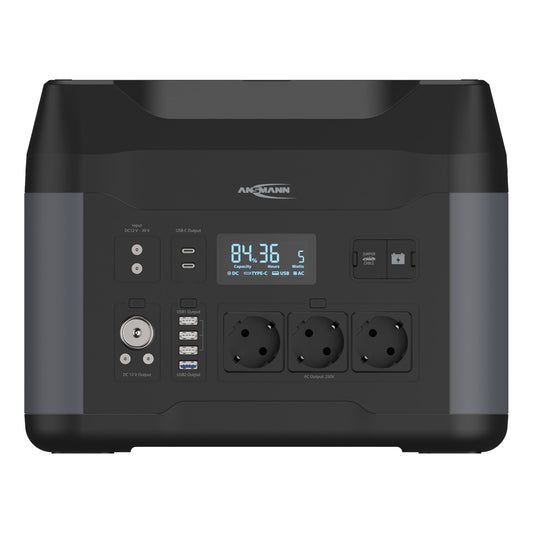 ANSMANN Powerstation PS2200AC 360 x 270 x 280 mm (B x H x T) Anschlussart: 3 x AC-Steckdosen, 2 x USB-C PD, 3 x USB A, 1 x USB-A QC, 1 x Autoadapter, 2 x DC5521,12 V/10 A, max. 120 W, 1 x Jump-Starter 12 V Leistungsaufnahme: 200W