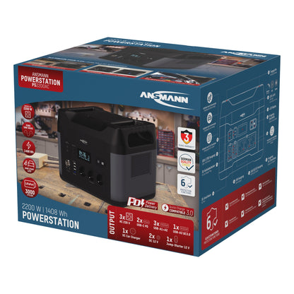 ANSMANN Powerstation PS2200AC 360 x 270 x 280 mm (B x H x T) Anschlussart: 3 x AC-Steckdosen, 2 x USB-C PD, 3 x USB A, 1 x USB-A QC, 1 x Autoadapter, 2 x DC5521,12 V/10 A, max. 120 W, 1 x Jump-Starter 12 V Leistungsaufnahme: 200W