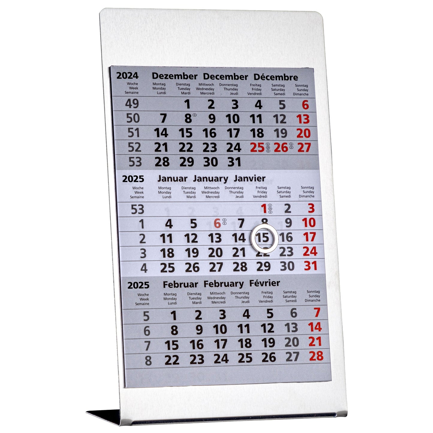 GÜSS® Tischkalender 2026 3 sichtbare Monatsblöcke silber