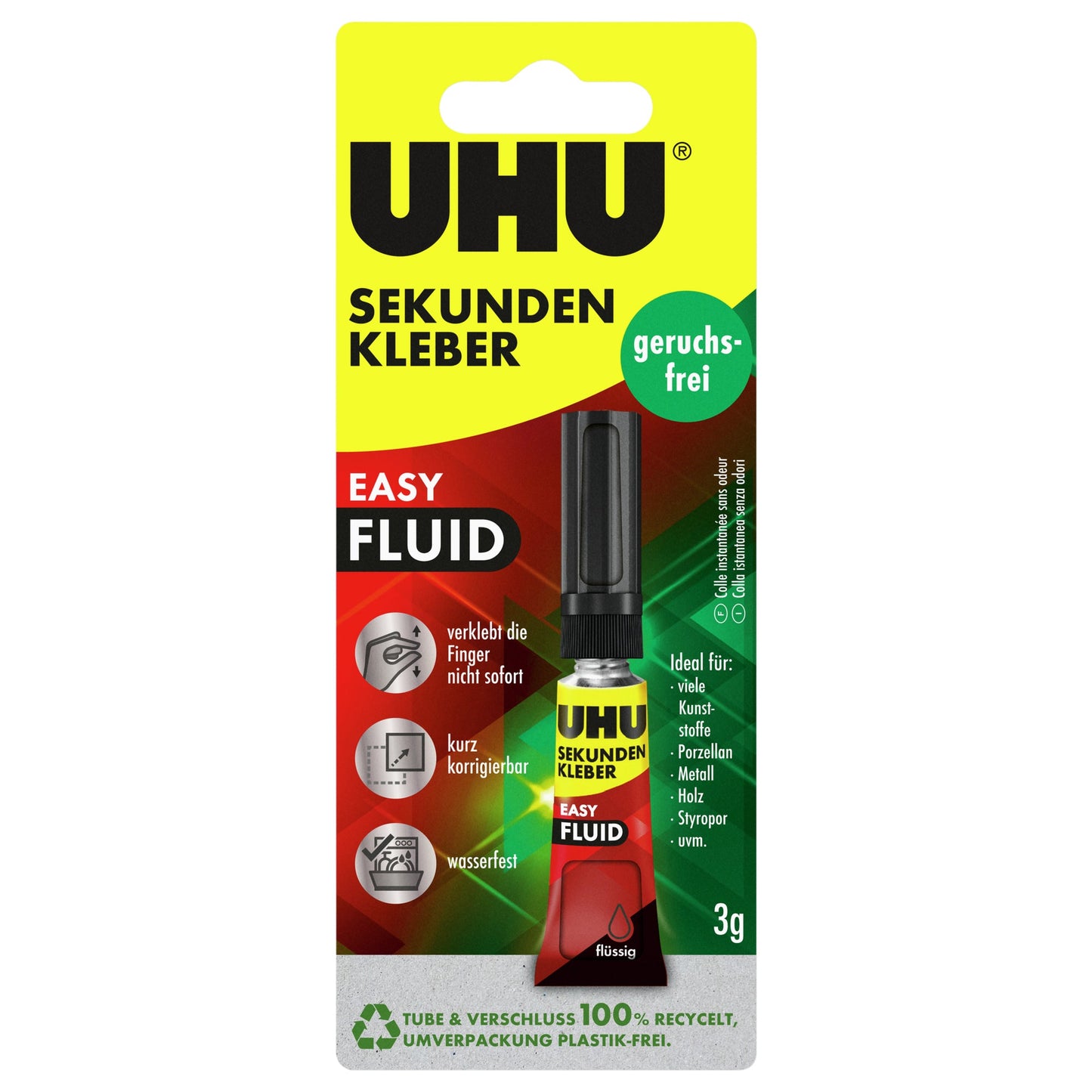 UHU® Sekundenkleber EASY FLUID Kunststoffe, Porzellan, Metall, Holz, Styropor 3g