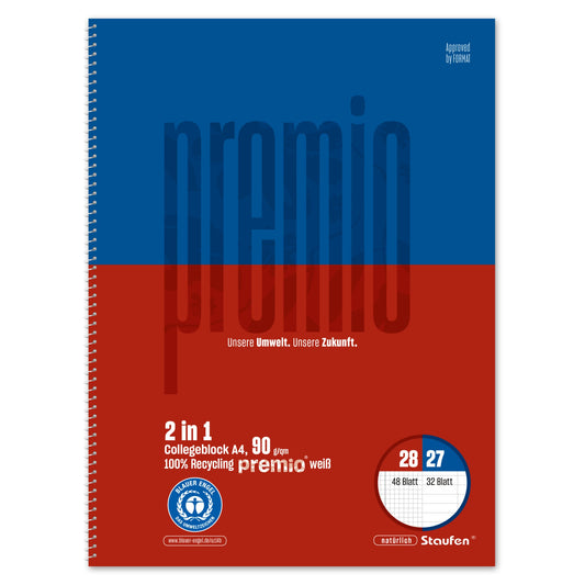 Staufen Collegeblock Premio Twice DIN A4 liniert/kariert mit Rand innen/außen 90g/m² blau/rot 48 Bl. kariert, 32 Bl. liniert