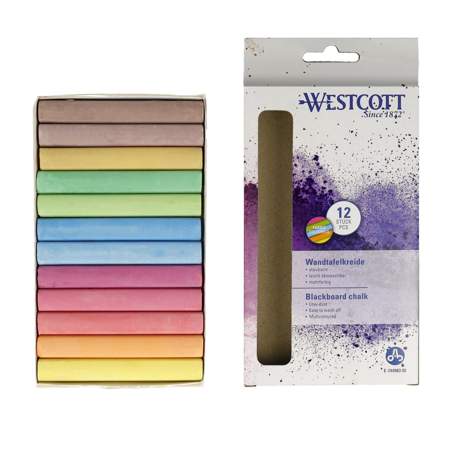 Westcott Tafelkreide ohne Papierhülle farbig sortiert 12 St./Pack.