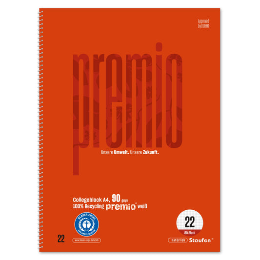 Staufen Collegeblock Premio DIN A4 kariert 90g/m² 100 % Recyclingpapier orange 80 Bl.