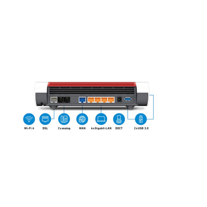 FRITZ! Router FRITZ!bOX 7590 AX 254 x 63 x 191 mm (B x H x T) WAN: 1 x VDSL/ADSL2+, WAN: 1 x 10Base-T/100Vase-TX/1000Base-T, LAN: 4 x 10Base-T/100Base-T, 2 x USB-A 3.0, 2 x RJ-11 1.200/2.400 Mbit/s