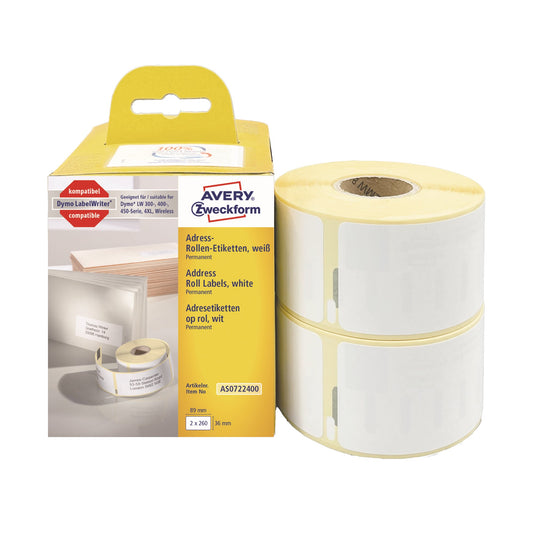 Avery Zweckform Adressetikett 36 x 89 mm (B x H) Papier weiß 260 Etik./Rl. 2 x 260 Etik./Pack.