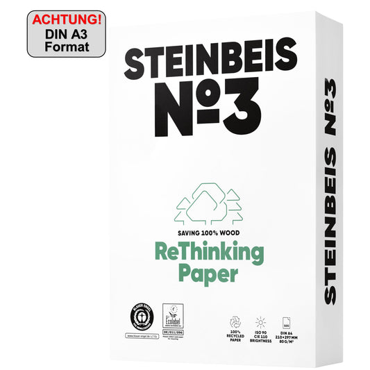 Steinbeis Kopierpapier No. 3 Pure White DIN A3 80g/m² 100 % recycelt, chlorfrei gebleicht weiß 500 Bl./Pack.