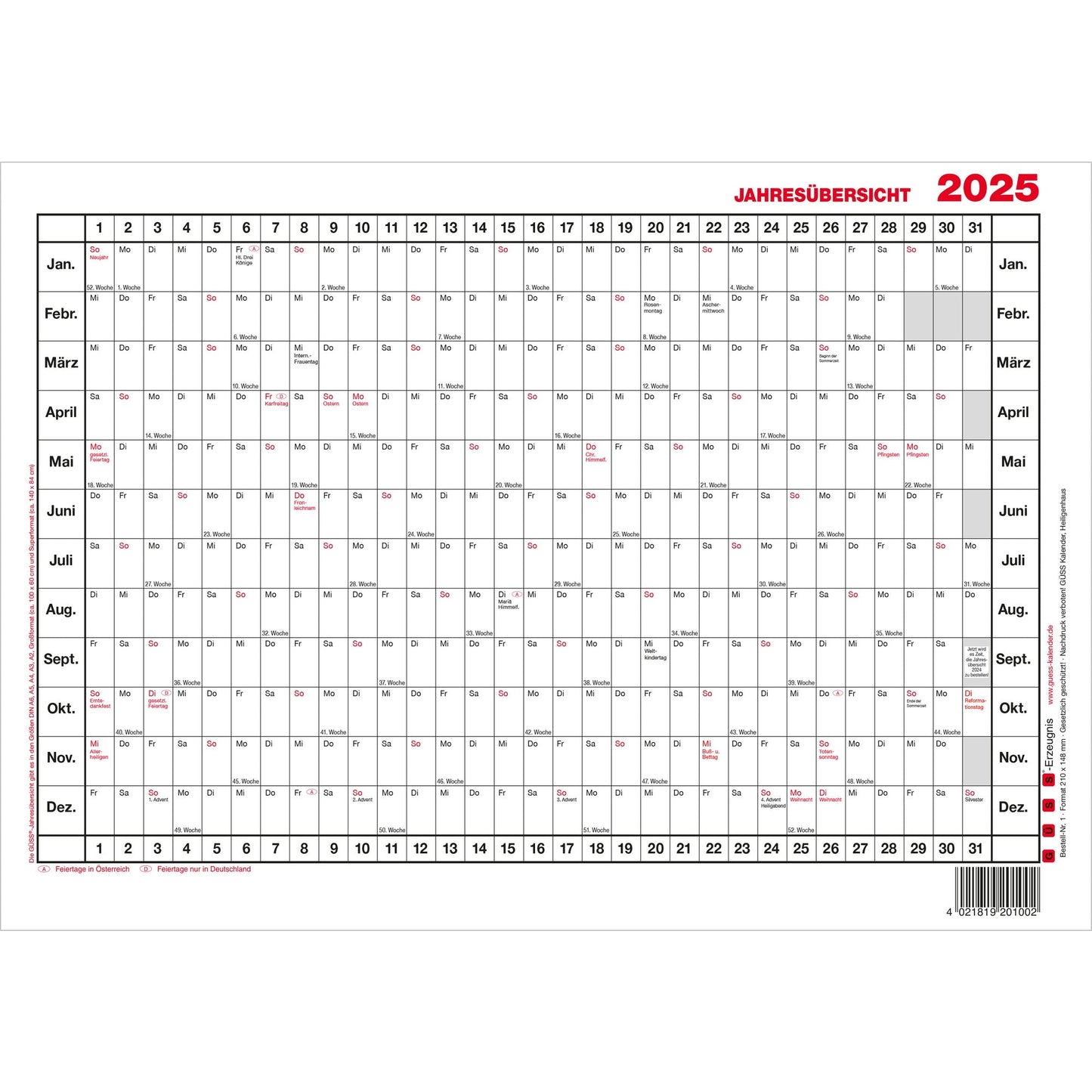 GÜSS® Plakatkalender Jahresübersicht 2026 DIN A3 quer 42 x 30 cm (B x H) 12 Monate/1 Seite Karton