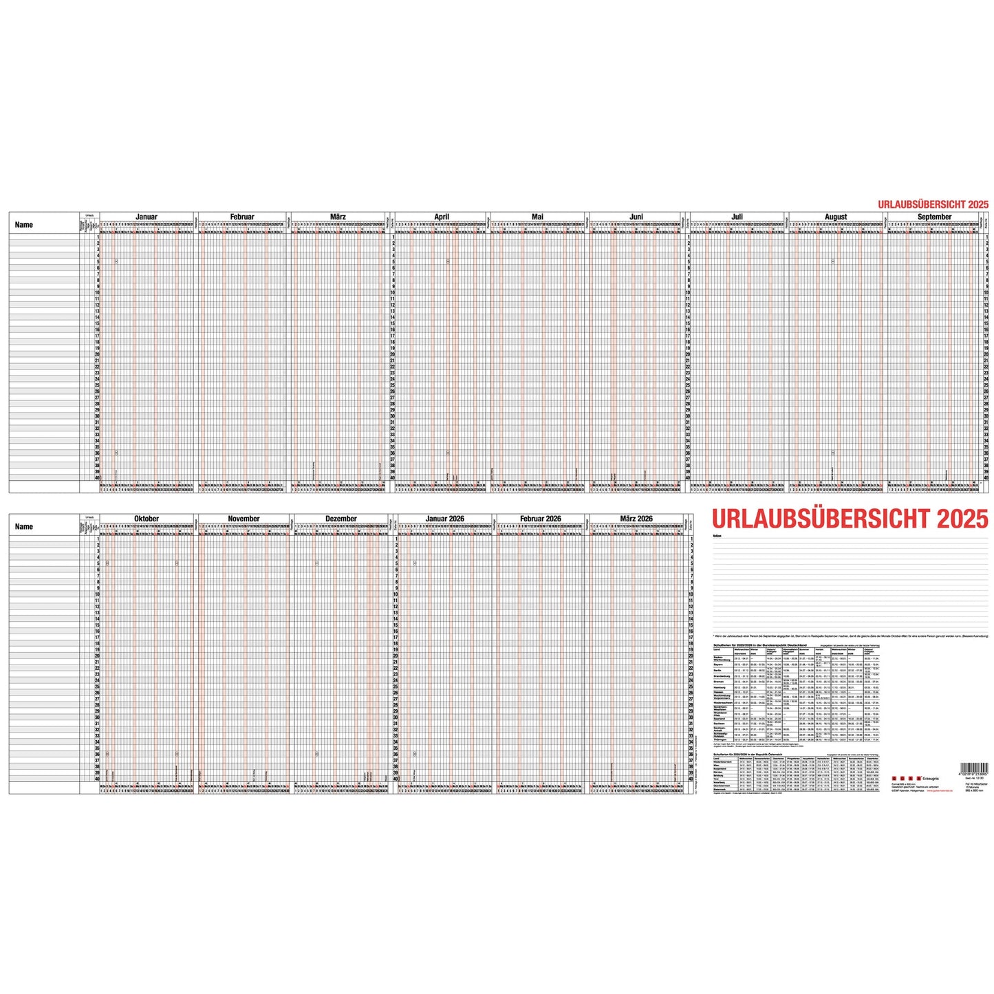 GÜSS® Urlaubsübersicht 2026 98,5 x 60 cm (B x H) Karton schwarz/rot