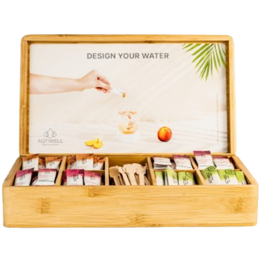 Aqtiwell® Getränkepulver Office Hydration Box je 24 x Aqtiwell® ENERGY Pfirsich, DEFENCE Himbeere, REFRESH Limette, FOCUS Johannisbeere 96 x 2 g/Pack.