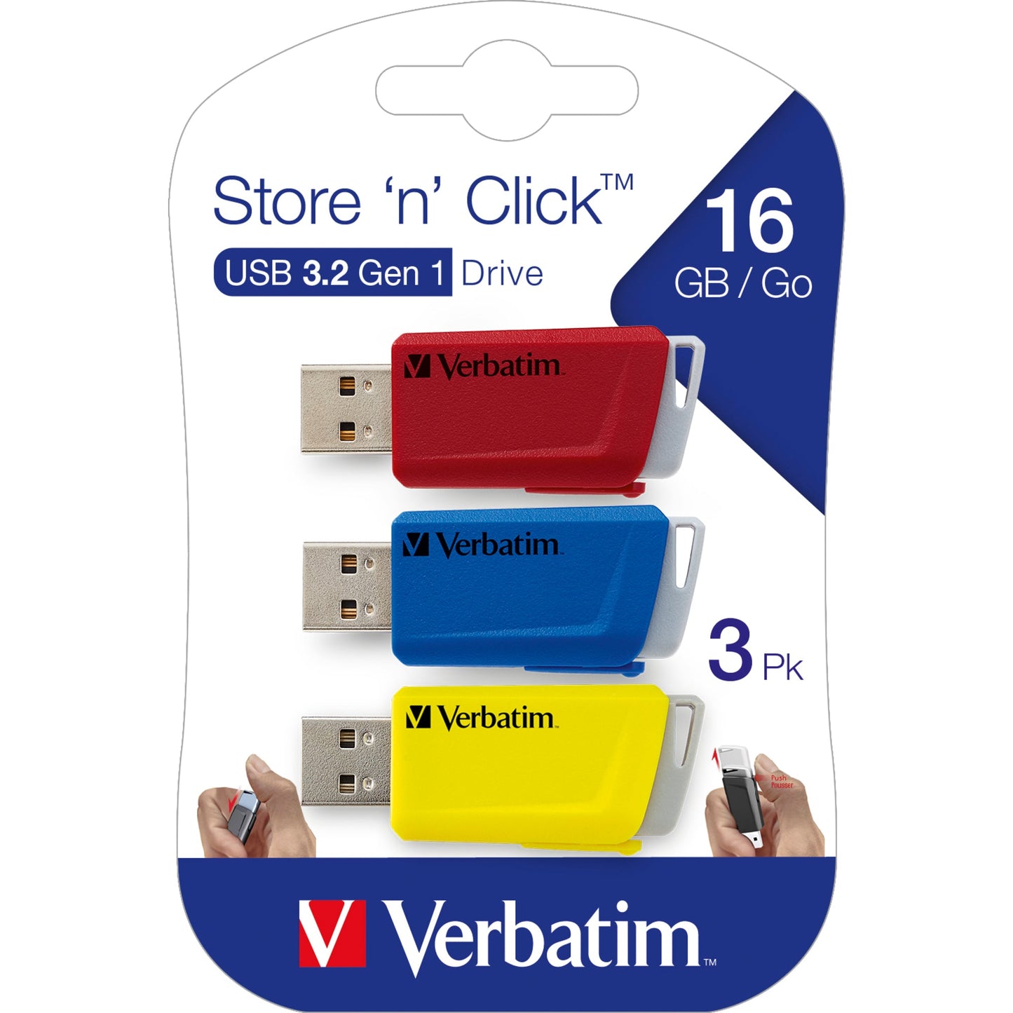 Verbatim USB-Stick Store `n` Click USB 3.2 Gen 1 16Gbyte rot, blau, gelb 3 St./Pack.