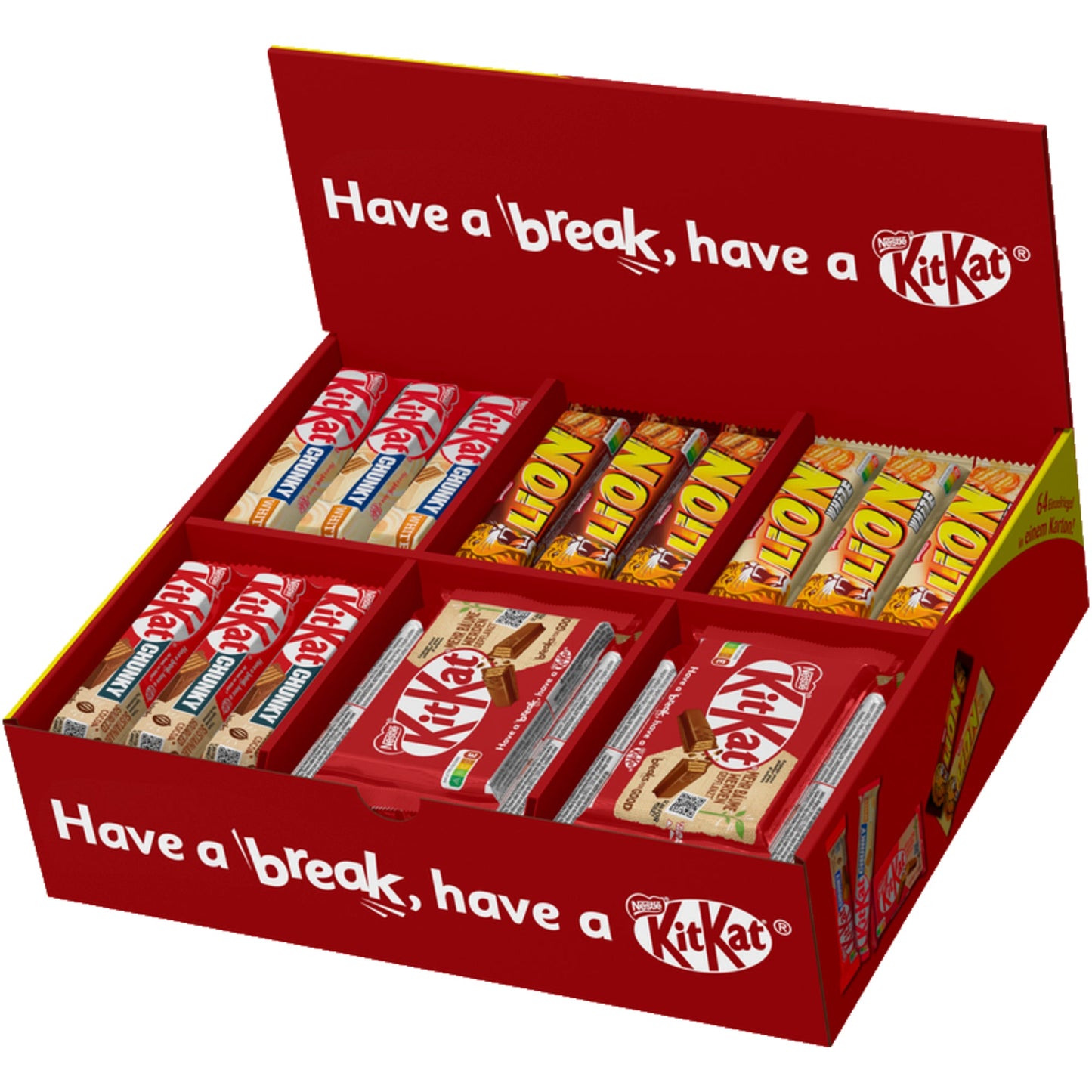 KitKat® Schokoriegel Topseller Box 12 x KitKat Chunky White 40 g, 12 x KitKat Chunky Classic 40 g, 22 x KitKat Classic 41,5 g, 9 x Lion Classic 42 g, 9 x Lion White 42 g 64 St./Pack.