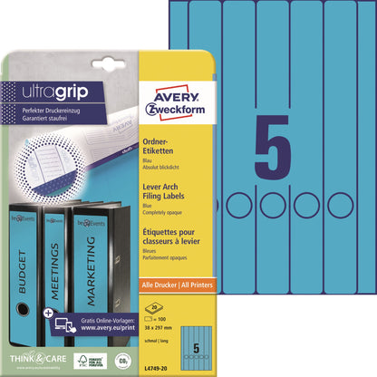 Avery Zweckform Ordnerrückenetikett ultragrip schmal/lang 38 x 297 mm (B x H) selbstklebend mit Griffloch blau 100 Etik./Pack.