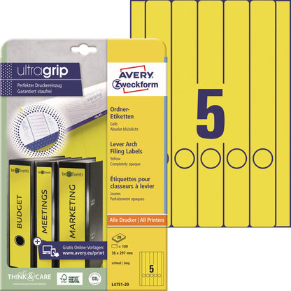Avery Zweckform Ordnerrückenetikett ultragrip schmal/lang 38 x 297 mm (B x H) selbstklebend mit Griffloch gelb 100 Etik./Pack.