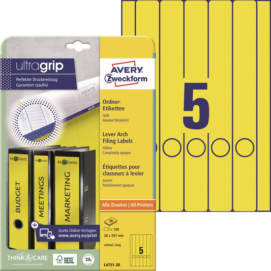 Avery Zweckform Ordnerrückenetikett ultragrip schmal/lang 38 x 297 mm (B x H) selbstklebend mit Griffloch gelb 100 Etik./Pack.
