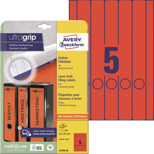 Avery Zweckform Ordnerrückenetikett ultragrip schmal/lang 38 x 297 mm (B x H) selbstklebend mit Griffloch rot 100 Etik./Pack.