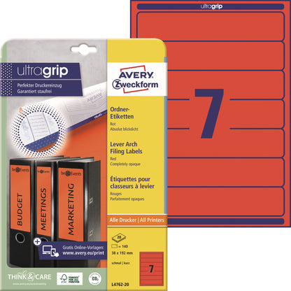 Avery Zweckform Ordnerrückenetikett ultragrip schmal/kurz 38 x 192 mm (B x H) selbstklebend ohne Griffloch rot 140 Etik./Pack.