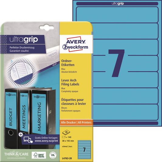 Avery Zweckform Ordnerrückenetikett ultragrip schmal/kurz 38 x 192 mm (B x H) selbstklebend ohne Griffloch blau 140 Etik./Pack.
