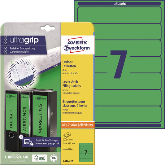 Avery Zweckform Ordnerrückenetikett ultragrip schmal/kurz 38 x 192 mm (B x H) selbstklebend ohne Griffloch grün 140 Etik./Pack.