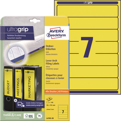 Avery Zweckform Ordnerrückenetikett ultragrip schmal/kurz 38 x 192 mm (B x H) selbstklebend ohne Griffloch gelb 140 Etik./Pack.