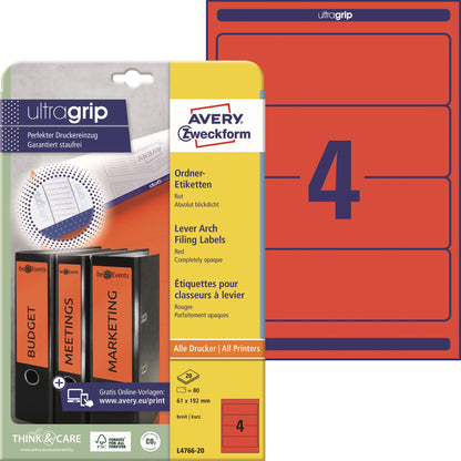 Avery Zweckform Ordnerrückenetikett ultragrip breit/kurz 61 x 192 mm (B x H) selbstklebend ohne Griffloch rot 80 Etik./Pack.