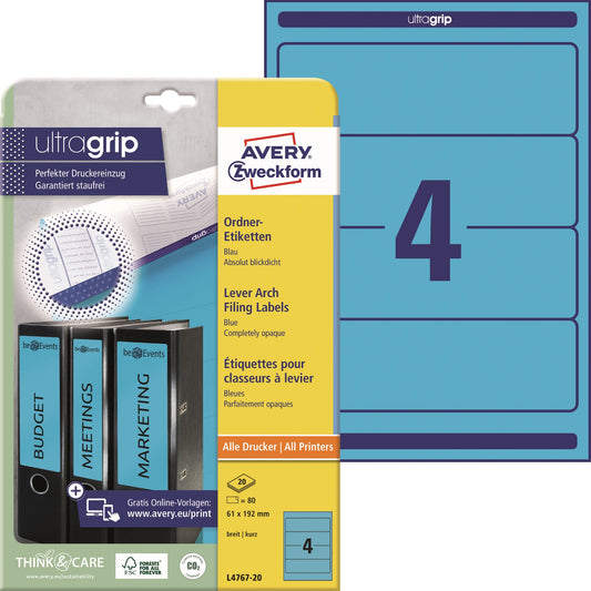 Avery Zweckform Ordnerrückenetikett ultragrip breit/kurz 61 x 192 mm (B x H) selbstklebend ohne Griffloch blau 80 Etik./Pack.