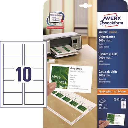 Avery Zweckform Visitenkarte Superior DIN A4 200g/m² weiß 25 Bl./Pack. 250 St./Pack.