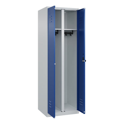 C+P Kleiderspind Classic PLUS 600 x 1.850 x 500 mm (B x H x T) 2 Abteile Stahl Farbe der Front: enzianblau Farbe des Korpus: lichtgrau