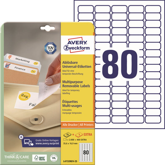 Avery Zweckform Universaletikett 35,6 x 16,9 mm (B x H) wieder ablösbar Papier weiß 2.400 Etik./Pack.