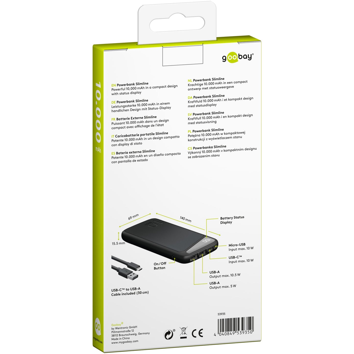Goobay® Powerbank Slimline Produktverwendung: USB-fähige Geräte 69 x 15,5 x 140 mm (B x H x T) Micro-USB, USB-C, 2 x USB 2.0 inkl. USB-Kabel (USB-A/USB-C) schwarz
