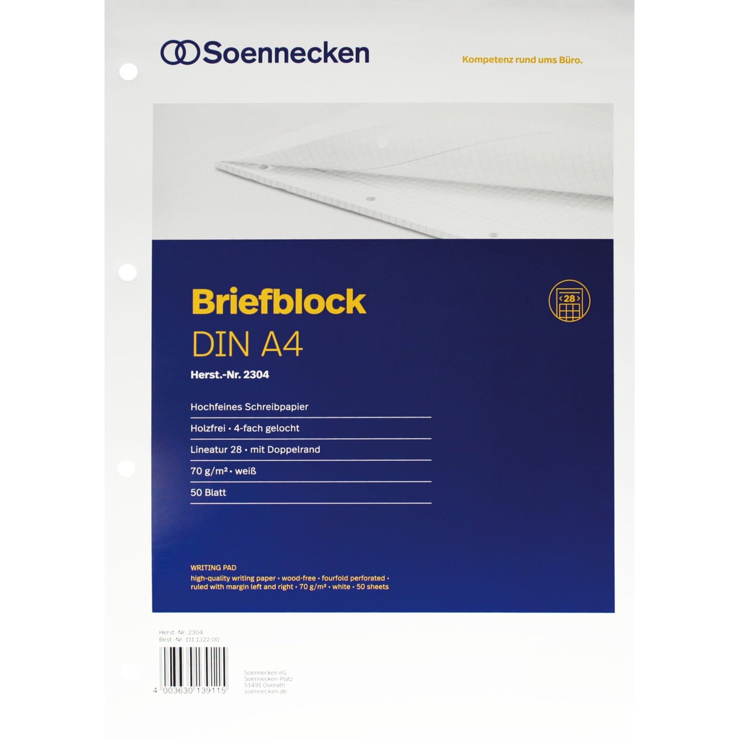 Soennecken Briefblock DIN A4 kariert mit Rand innen/außen 70g/m² weiß 50 Bl.