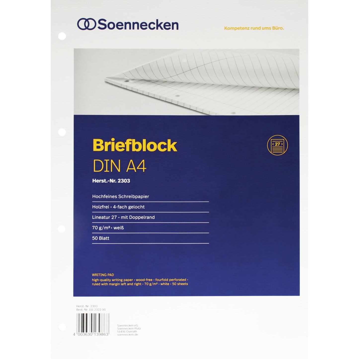 Soennecken Briefblock DIN A4 liniert mit Rand innen/außen 70g/m² weiß 50 Bl.