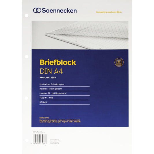 Soennecken Briefblock DIN A4 liniert mit Rand innen/außen 70g/m² weiß 50 Bl.