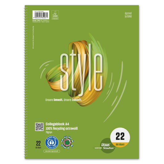 Staufen Collegeblock Style DIN A4 kariert 70g/m² 100 % Recyclingpapier grün 80 Bl.