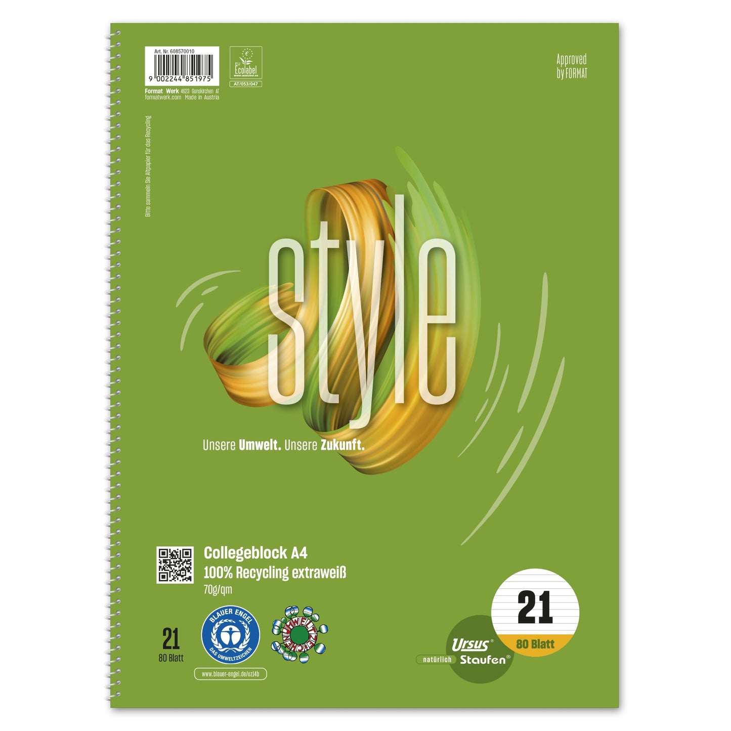 Staufen Collegeblock Style DIN A4 liniert 70g/m² 100 % Recyclingpapier grün 80 Bl.