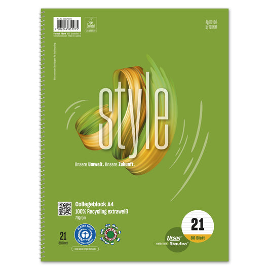 Staufen Collegeblock Style DIN A4 liniert 70g/m² 100 % Recyclingpapier grün 80 Bl.