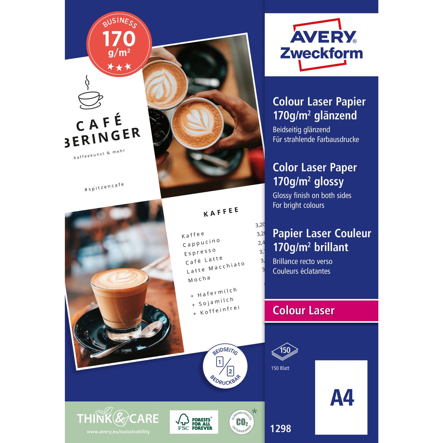 Avery Zweckform Farblaserpapier Business DIN A4 170g/m² elementar chlorfrei gebleicht weiß 150 Bl./Pack.
