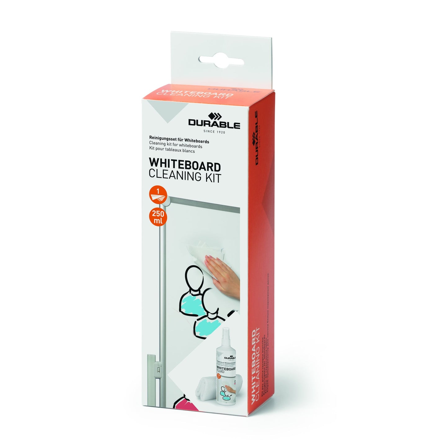 DURABLE Tafelreinigungsset CLEANING KIT inkl. 1 Reinigungsspray (250 ml), 1 Mikrofasertuch 25 x 25 cm (B x H)