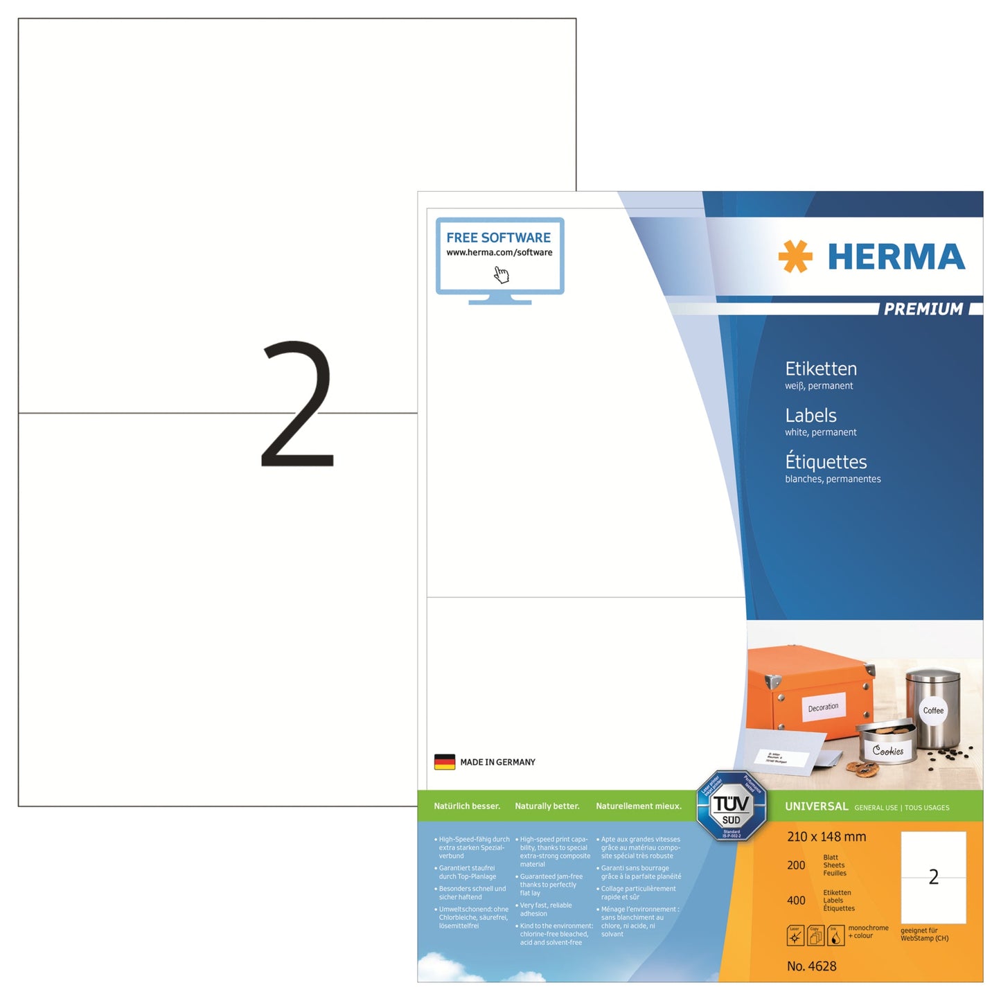 HERMA Universaletikett PREMIUM 210 x 148 mm (B x H) nicht wieder ablösbar Papier weiß 400 Etik./Pack.