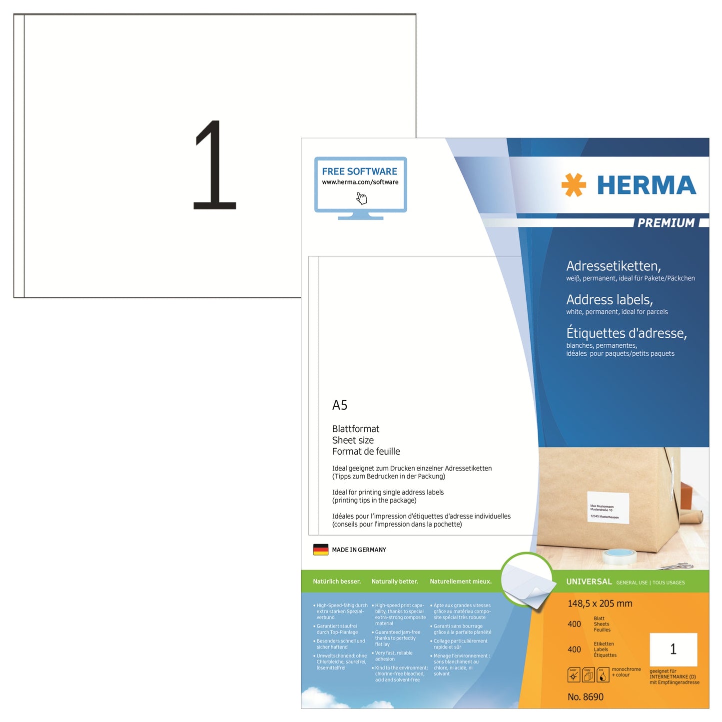 HERMA Universaletikett PREMIUM 148,5 x 205 mm (B x H) nicht wieder ablösbar Papier weiß 400 Etik./Pack.