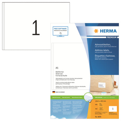 HERMA Universaletikett PREMIUM 148,5 x 205 mm (B x H) nicht wieder ablösbar Papier weiß 400 Etik./Pack.