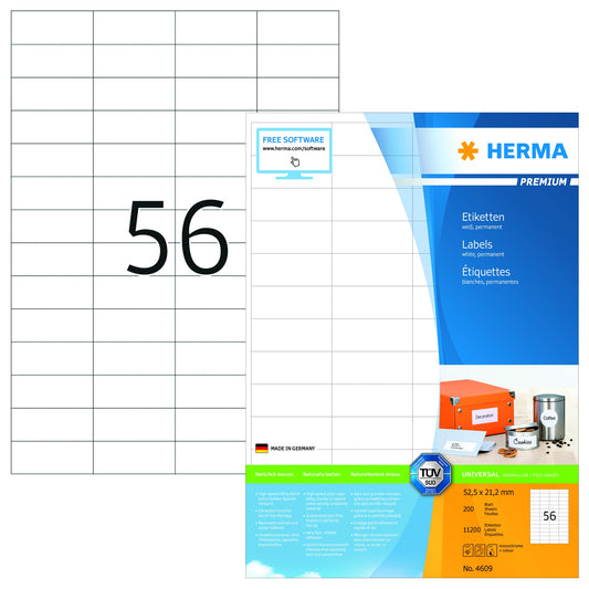 HERMA Universaletikett PREMIUM 52,5 x 21,2 mm (B x H) nicht wieder ablösbar Papier weiß 11.200 Etik./Pack.