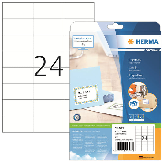 HERMA Universaletikett PREMIUM 70 x 37 mm (B x H) nicht wieder ablösbar Papier weiß 600 Etik./Pack.