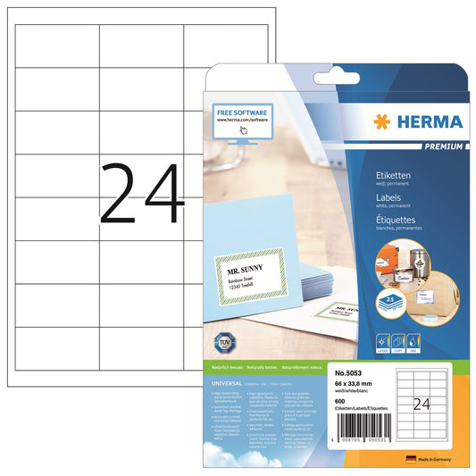 HERMA Universaletikett PREMIUM 66 x 33,8 mm (B x H) nicht wieder ablösbar Papier weiß 600 Etik./Pack.