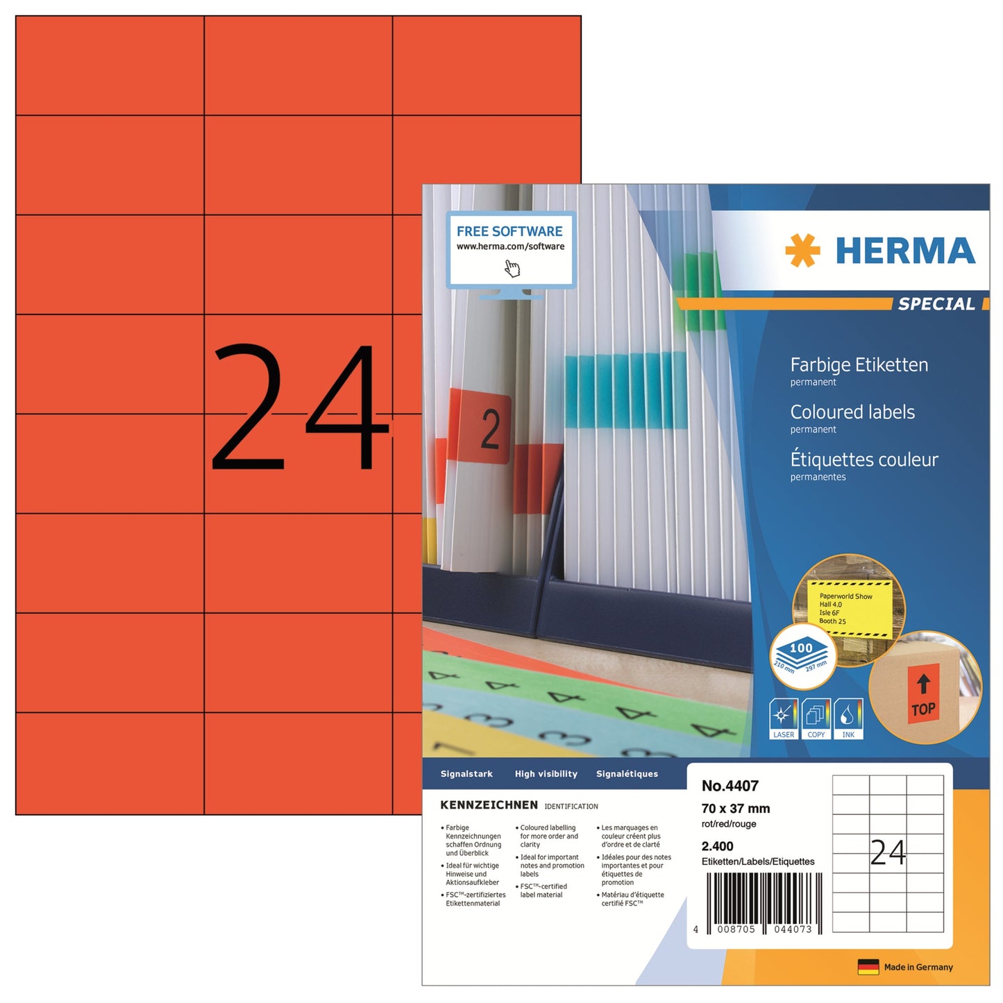 HERMA Universaletikett farbig 70 x 37 mm (B x H) nicht wieder ablösbar Papier rot 2.400 Etik./Pack.