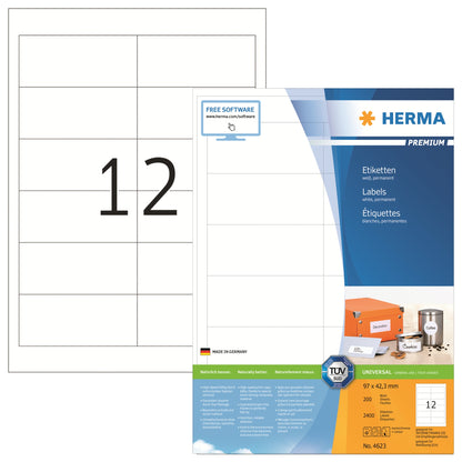 HERMA Universaletikett PREMIUM 97 x 42,3 mm (B x H) nicht wieder ablösbar Papier weiß 2.400 Etik./Pack.