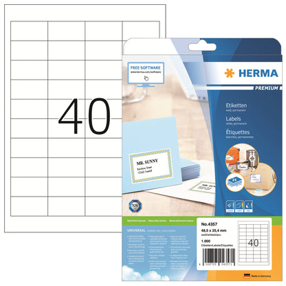 HERMA Universaletikett PREMIUM 48,5 x 25,4 mm (B x H) nicht wieder ablösbar Papier weiß 1.000 Etik./Pack.